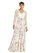 Front View Thumbnail - Blush Garden & Ivory Long Sleeve Illusion-Back Lace and Chiffon Dress