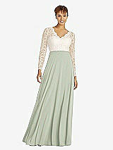 Front View Thumbnail - Celadon & Ivory Long Sleeve Illusion-Back Lace and Chiffon Dress