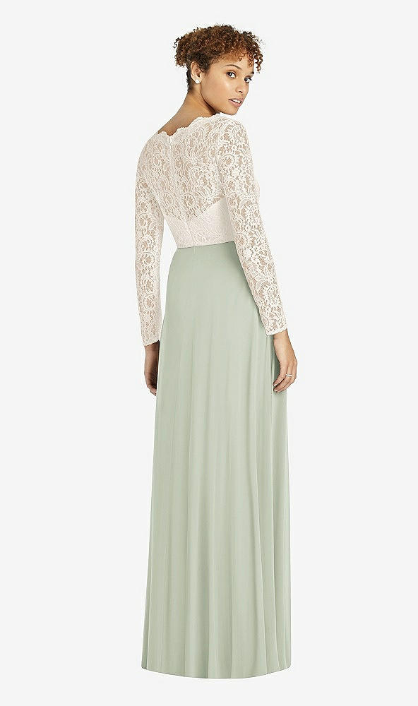 Back View - Celadon & Ivory Long Sleeve Illusion-Back Lace and Chiffon Dress