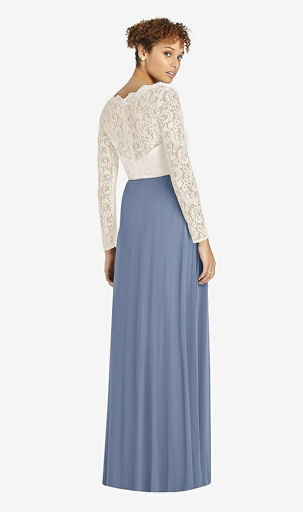 Back View - Larkspur Blue & Ivory Long Sleeve Illusion-Back Lace and Chiffon Dress