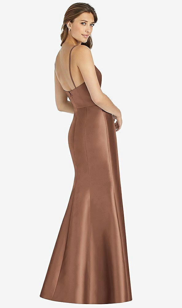 Back View - Cognac Maxi Length Spaghetti Strap Mermaid Dress