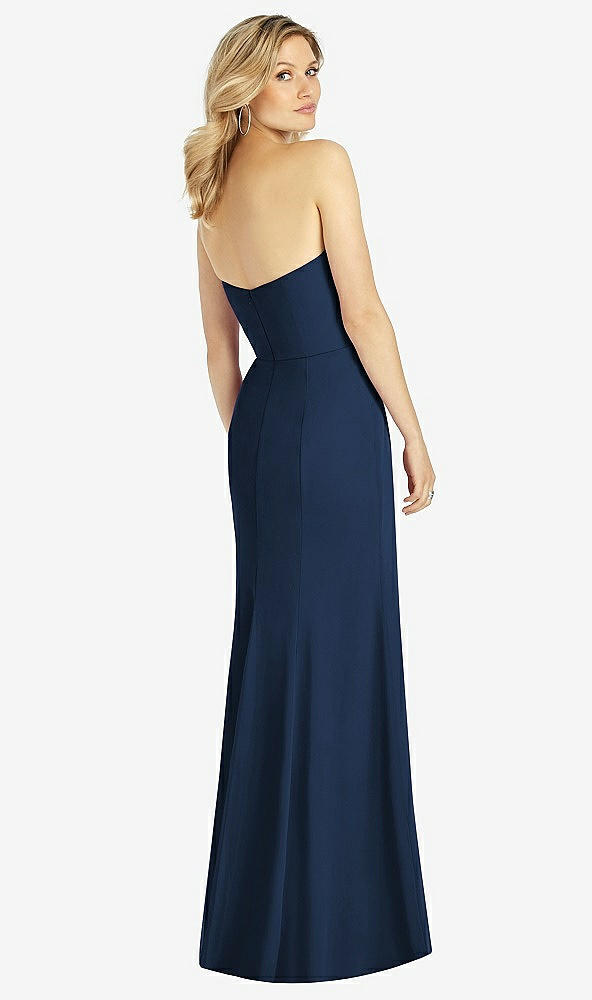 Back View - Midnight Navy Strapless Chiffon Trumpet Gown with Front Slit
