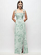 Front View Thumbnail - Mint Green Floral Tie-Shoulder Chiffon Maxi Dress with Front Slit