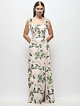 Front View Thumbnail - Palm Beach Print Tie-Shoulder Chiffon Maxi Dress with Front Slit