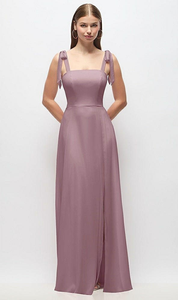 Front View - Dusty Rose Tie-Shoulder Chiffon Maxi Dress with Front Slit
