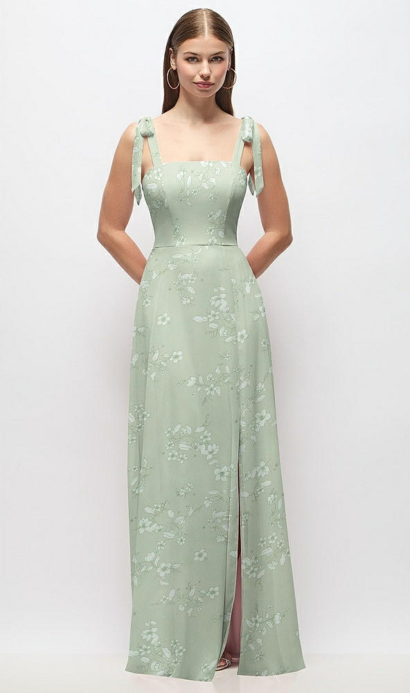 Front View - Vintage Primrose Sage Tie-Shoulder Chiffon Maxi Dress with Front Slit