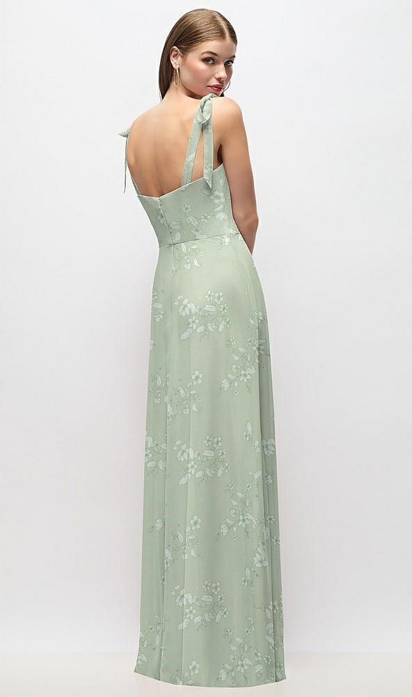 Back View - Vintage Primrose Sage Tie-Shoulder Chiffon Maxi Dress with Front Slit
