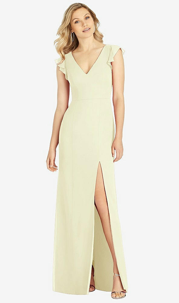 Front View - Butter Yellow Ruffled Sleeve Mermaid Dress with Front Slit