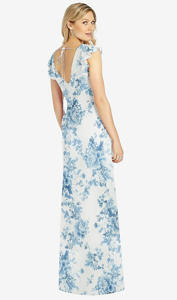 Back View - Cottage Rose Dusk Blue Ruffled Sleeve Mermaid Dress with Front Slit