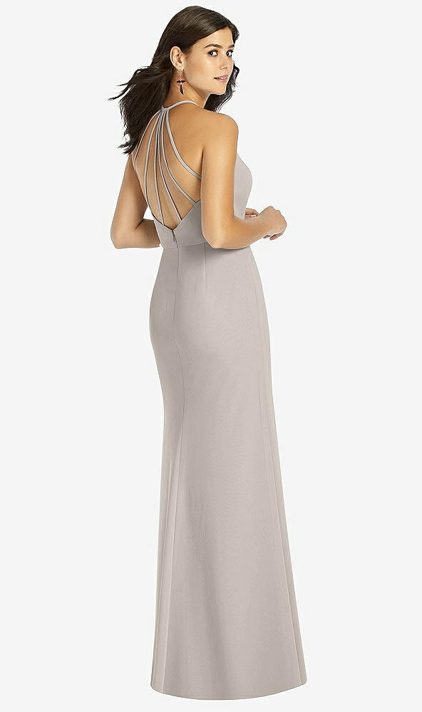 Back View - Taupe Sunburst Strap Back Mermaid Dress