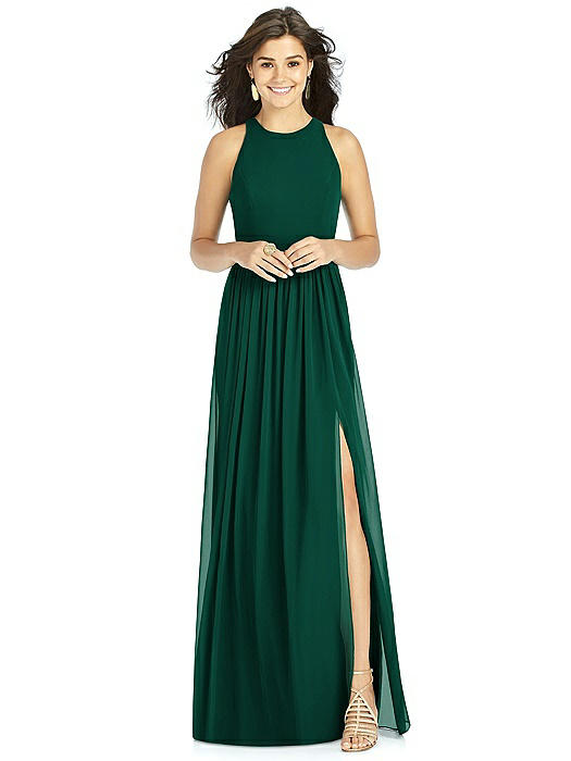 Shirred Skirt Jewel Neck Halter Dress with Front Slit