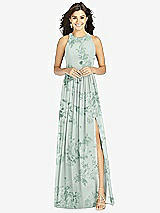 Front View Thumbnail - Mint Green Floral Shirred Skirt Jewel Neck Halter Dress with Front Slit