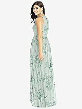 Rear View Thumbnail - Mint Green Floral Shirred Skirt Jewel Neck Halter Dress with Front Slit