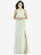 Front View Thumbnail - Mint Green Shirred Skirt Jewel Neck Halter Dress with Front Slit