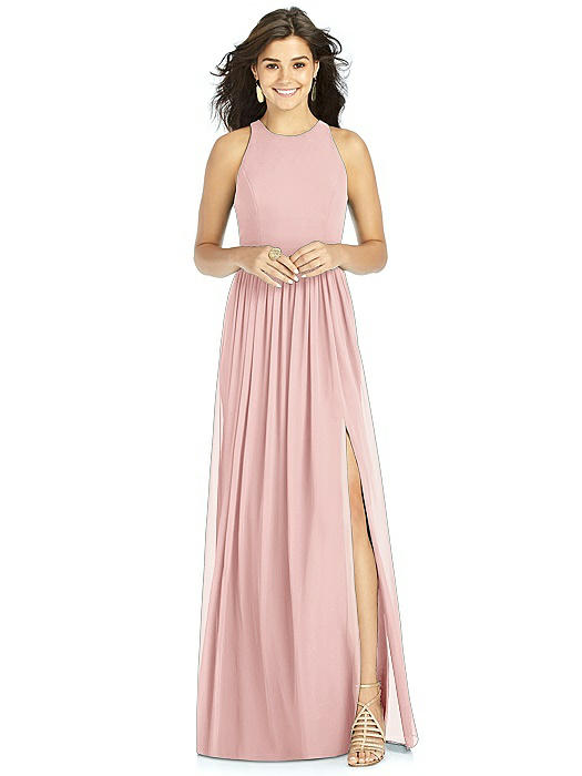 Shirred Skirt Jewel Neck Halter Dress with Front Slit