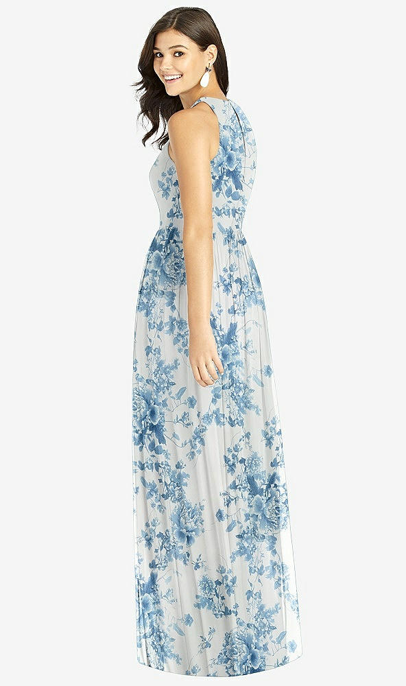 Back View - Cottage Rose Dusk Blue Shirred Skirt Jewel Neck Halter Dress with Front Slit
