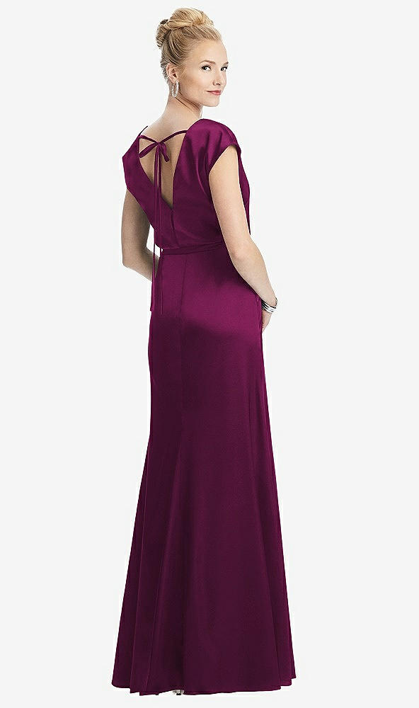 Back View - Merlot Cap Sleeve Blouson Faux Wrap Dress