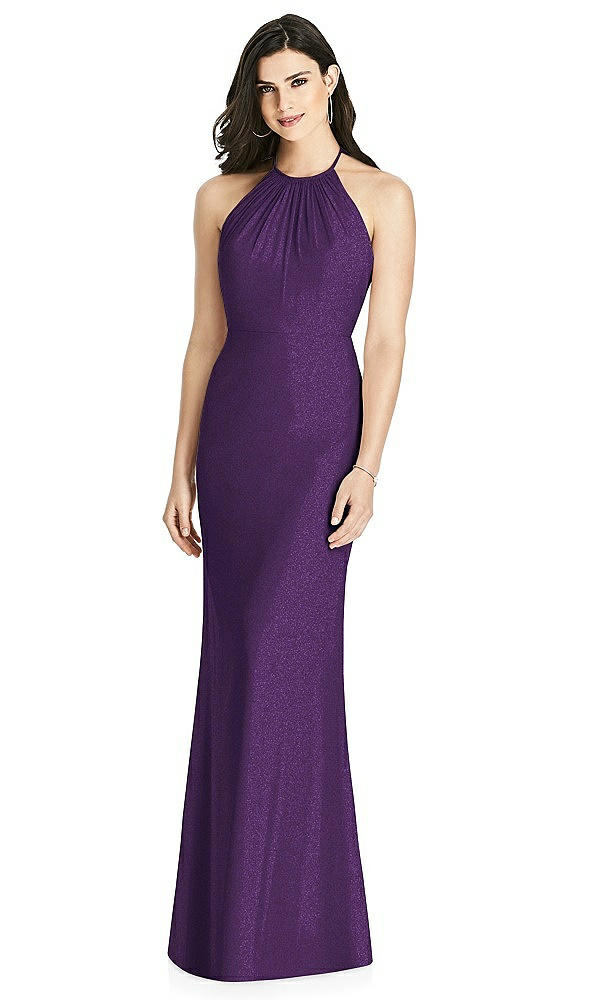 Back View - Majestic Gold Shimmer Halter-Neck Ruffle-Back Chiffon Trumpet Gown