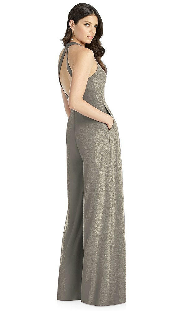 Back View - Mocha Gold Dessy Shimmer Bridesmaid Jumpsuit Arielle LS