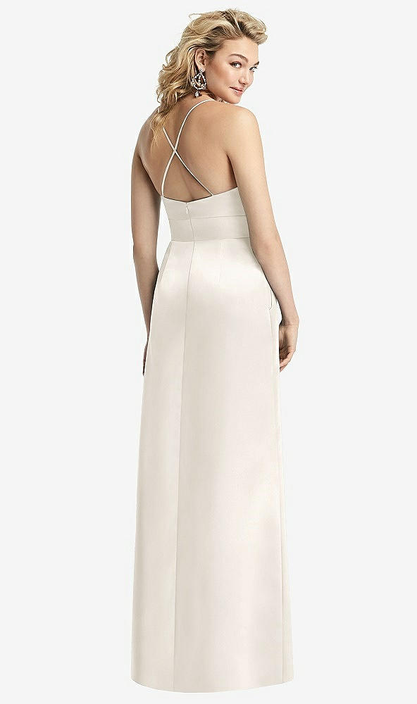Back View - Ivory Pleated Skirt Satin Maxi Dress with Pockets