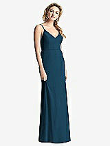 Rear View Thumbnail - Atlantic Blue Shirred Sash Cowl-Back Chiffon Trumpet Gown