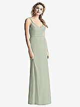 Rear View Thumbnail - Celadon Shirred Sash Cowl-Back Chiffon Trumpet Gown