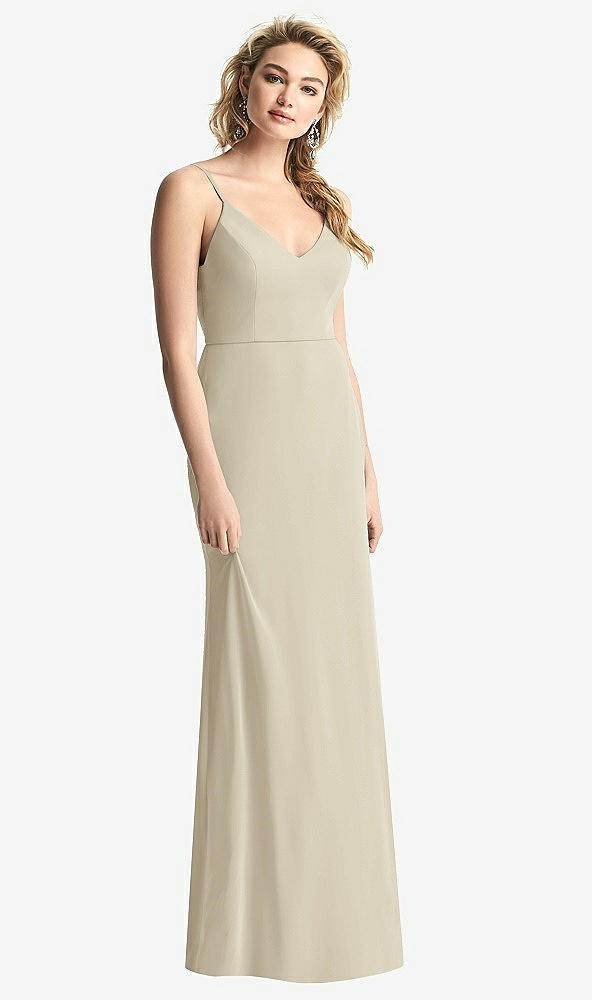 Back View - Champagne Shirred Sash Cowl-Back Chiffon Trumpet Gown