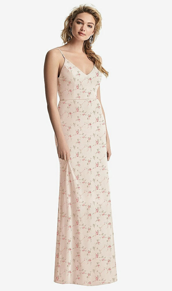 Back View - Coquette Floral Print Shirred Sash Cowl-Back Chiffon Trumpet Gown