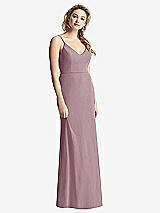 Rear View Thumbnail - Dusty Rose Shirred Sash Cowl-Back Chiffon Trumpet Gown