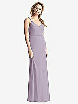 Rear View Thumbnail - Lilac Haze Shirred Sash Cowl-Back Chiffon Trumpet Gown