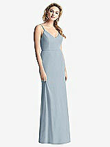 Rear View Thumbnail - Mist Shirred Sash Cowl-Back Chiffon Trumpet Gown