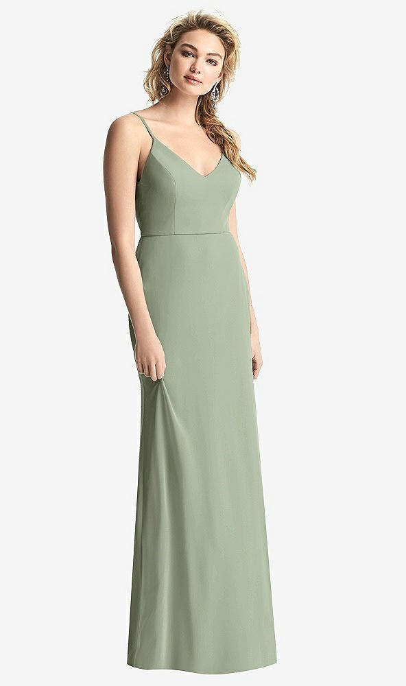 Back View - Sage Shirred Sash Cowl-Back Chiffon Trumpet Gown