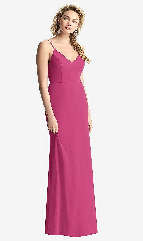 Back View - Tea Rose Shirred Sash Cowl-Back Chiffon Trumpet Gown