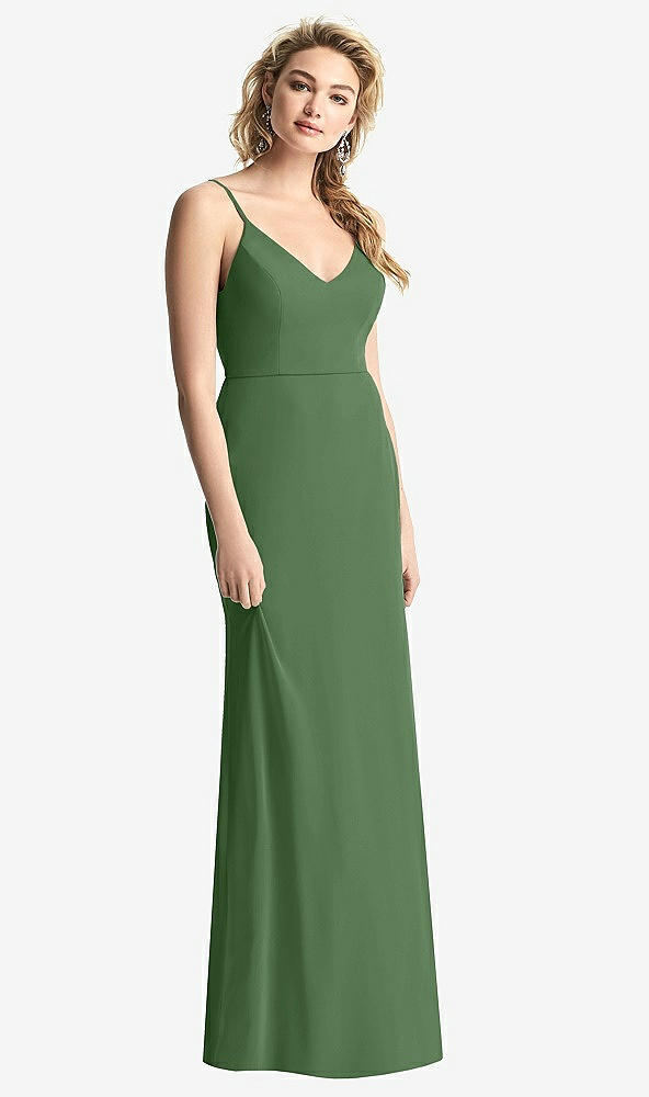 Back View - Vineyard Green Shirred Sash Cowl-Back Chiffon Trumpet Gown