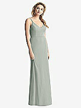 Rear View Thumbnail - Willow Green Shirred Sash Cowl-Back Chiffon Trumpet Gown