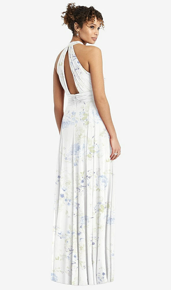 Back View - Bleu Garden High-Neck Open-Back Shirred Halter Maxi Dress
