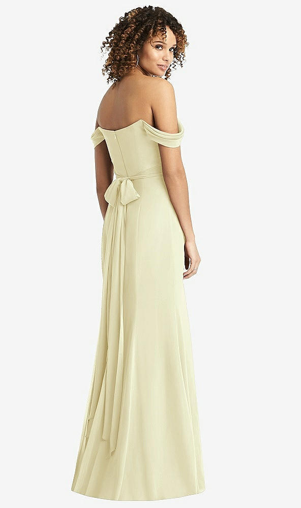 Back View - Butter Yellow Off-the-Shoulder Criss Cross Bodice Trumpet Gown