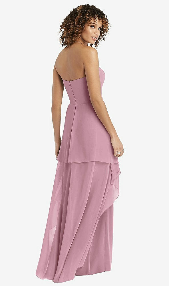 Back View - Dusty Pink Strapless Chiffon Dress with Skirt Overlay