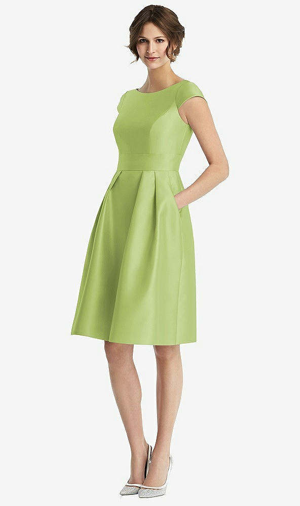 Front View - Mojito Cap Sleeve Pleated Cocktail Dress with Pockets