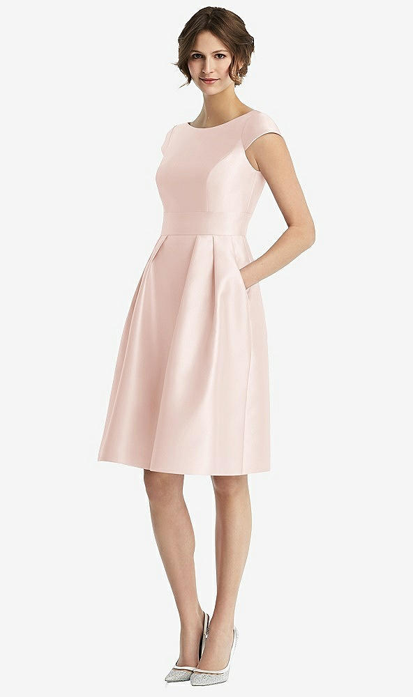 Front View - Blush Cap Sleeve Pleated Cocktail Dress with Pockets