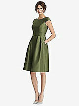 Front View Thumbnail - Olive Green Cap Sleeve Pleated Cocktail Dress with Pockets