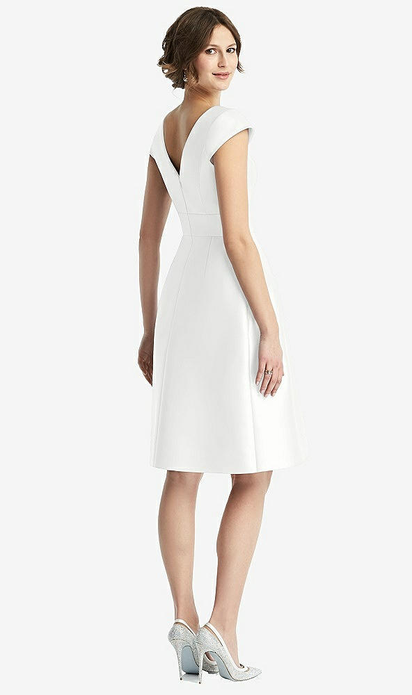 Back View - White Cap Sleeve Pleated Cocktail Dress with Pockets