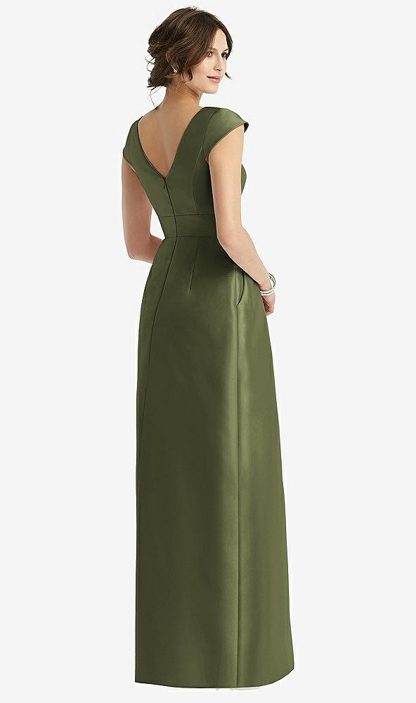 Back View - Olive Green Cap Sleeve Pleated Skirt Dress with Pockets