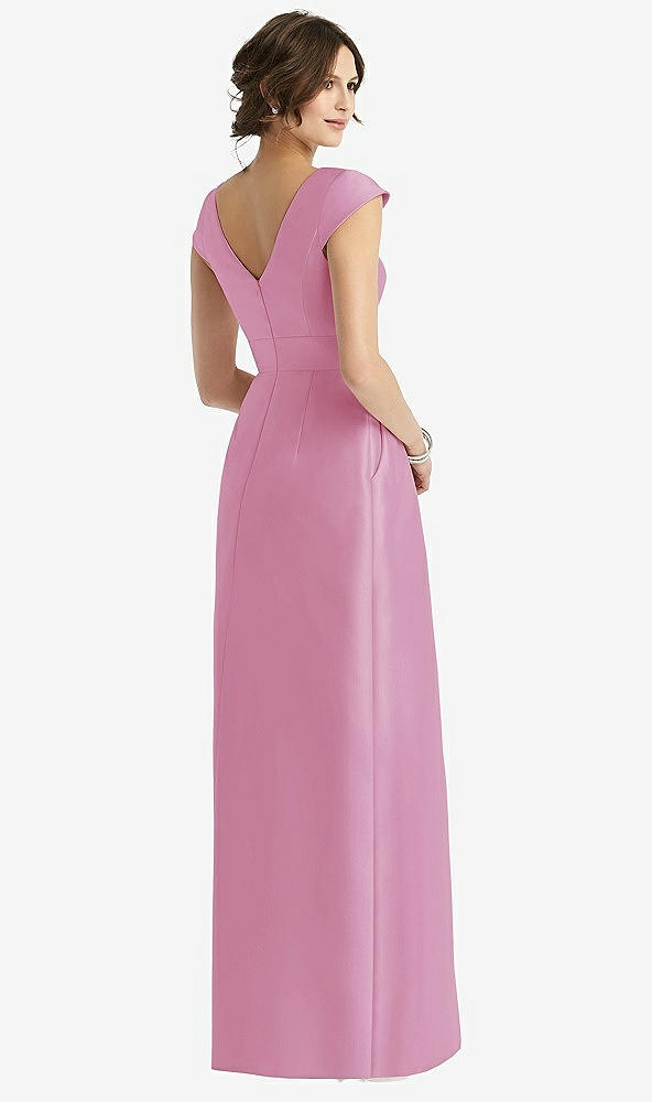 Back View - Powder Pink Cap Sleeve Pleated Skirt Dress with Pockets