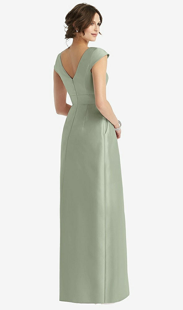 Back View - Sage Cap Sleeve Pleated Skirt Dress with Pockets