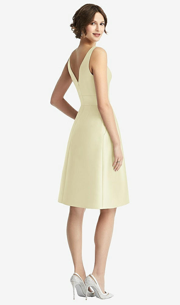 Back View - Butter Yellow V-Neck Pleated Skirt Cocktail Dress with Pockets