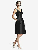 Front View Thumbnail - Black V-Neck Pleated Skirt Cocktail Dress with Pockets