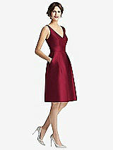 Front View Thumbnail - Burgundy V-Neck Pleated Skirt Cocktail Dress with Pockets