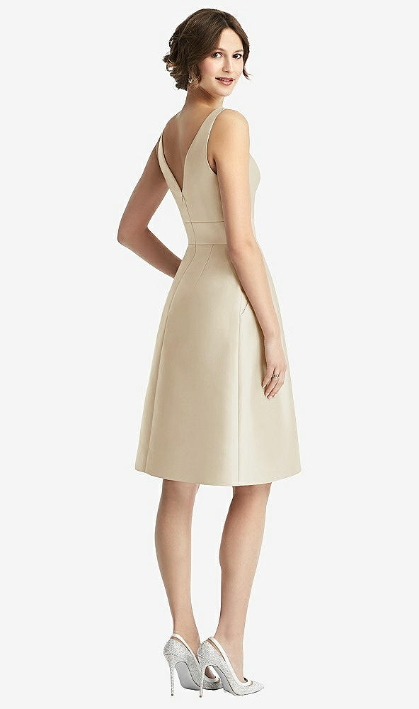 Back View - Champagne V-Neck Pleated Skirt Cocktail Dress with Pockets
