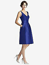 Front View Thumbnail - Cobalt Blue V-Neck Pleated Skirt Cocktail Dress with Pockets